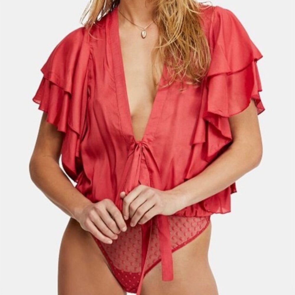 Intimately Free People Call Me Later Tie Front Coral Flutter Sleeve Bodysuit